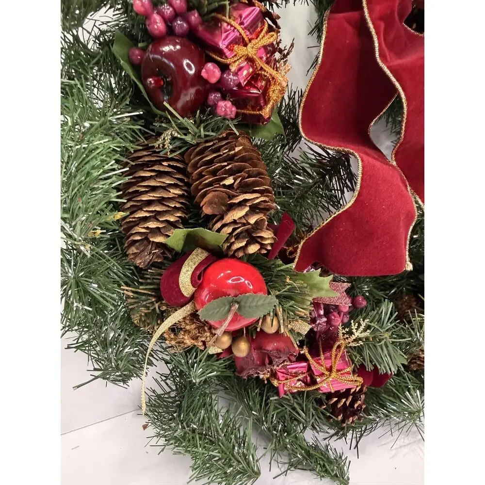 Christmas Wreath Burgundy Velvet Bow Pinecones Apples Berries Holiday Decor
